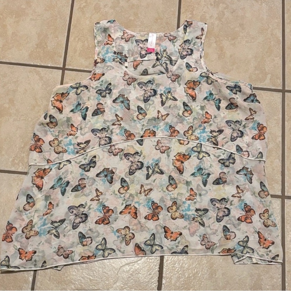 No Boundaries Sheer Butterfly Tank Top - White with Blue & Orange Butterflies